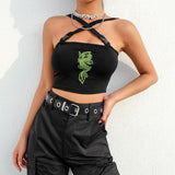 Dragon Embroidered Buckle Crop Top