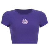 Purple Daisy Embroidered Ribbed Top
