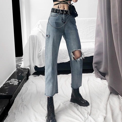 High Waisted Cut And Ripped Straight Leg Jeans