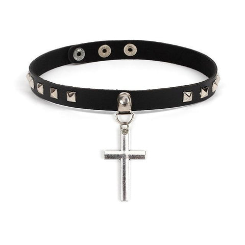 Leather Studded Cross Choker