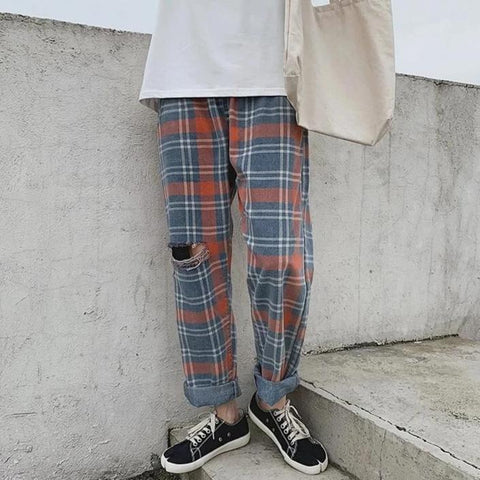 Distressed Plaid Trousers