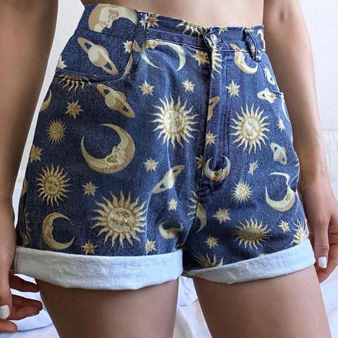 Sun Moon Stars Printed Denim Shorts